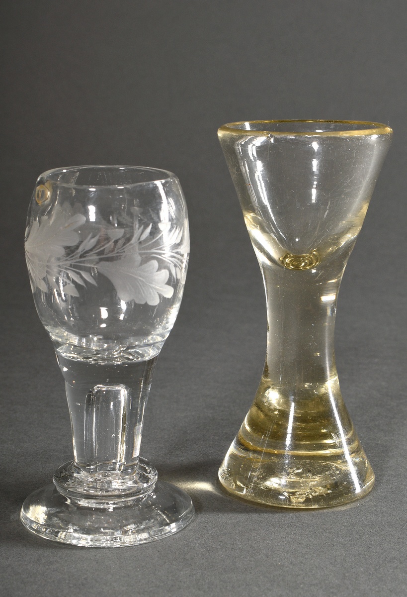 2 various old schnapps tamper in different shapes, 19th century: 1 with cut oak leaf decoration and