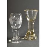 2 various old schnapps tamper in different shapes, 19th century: 1 with cut oak leaf decoration and