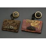 2 Diverse Tabakoire Täschchen mit Metall Ketten und Elfenbein Kagamibuta Netsuke "Drachen", Japan u