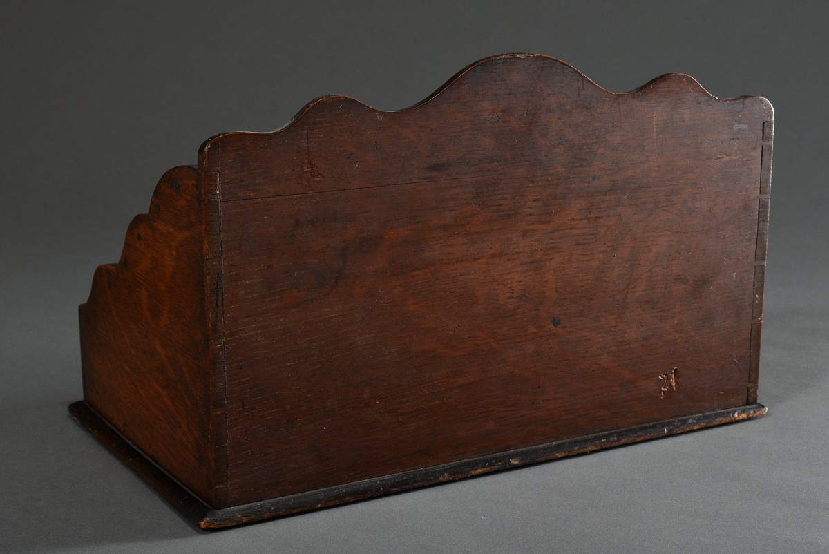 Oak standing collector for letters with porcelain inkwells and pen tray, around 1900, 24.5x39x22.5c - Image 4 of 5