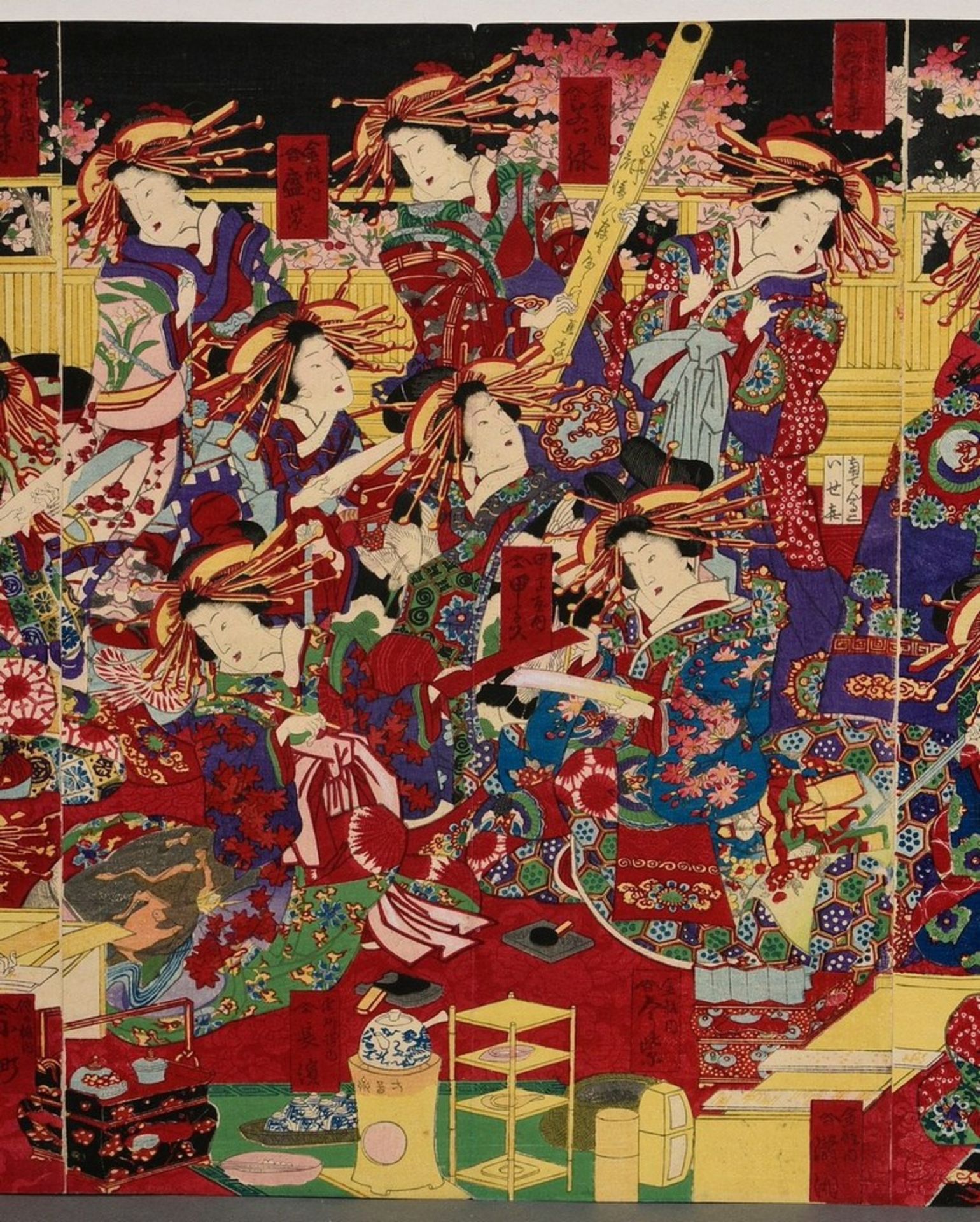 Utagawa Yoshitora (c.1830-c.1880) "New Year's Festival", colour woodblock prints, triptych, sign. Y - Image 3 of 8