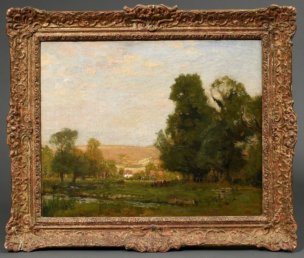 Unknown French artist of the late 19th c. (A.M.?) "Landscape with cattle and farmhouses", oil/canva - Image 2 of 7