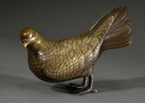 Feine japanische Bronze "Taube" mit farbig patinierten Augen und naturalistisch ziseliertem Gefiede