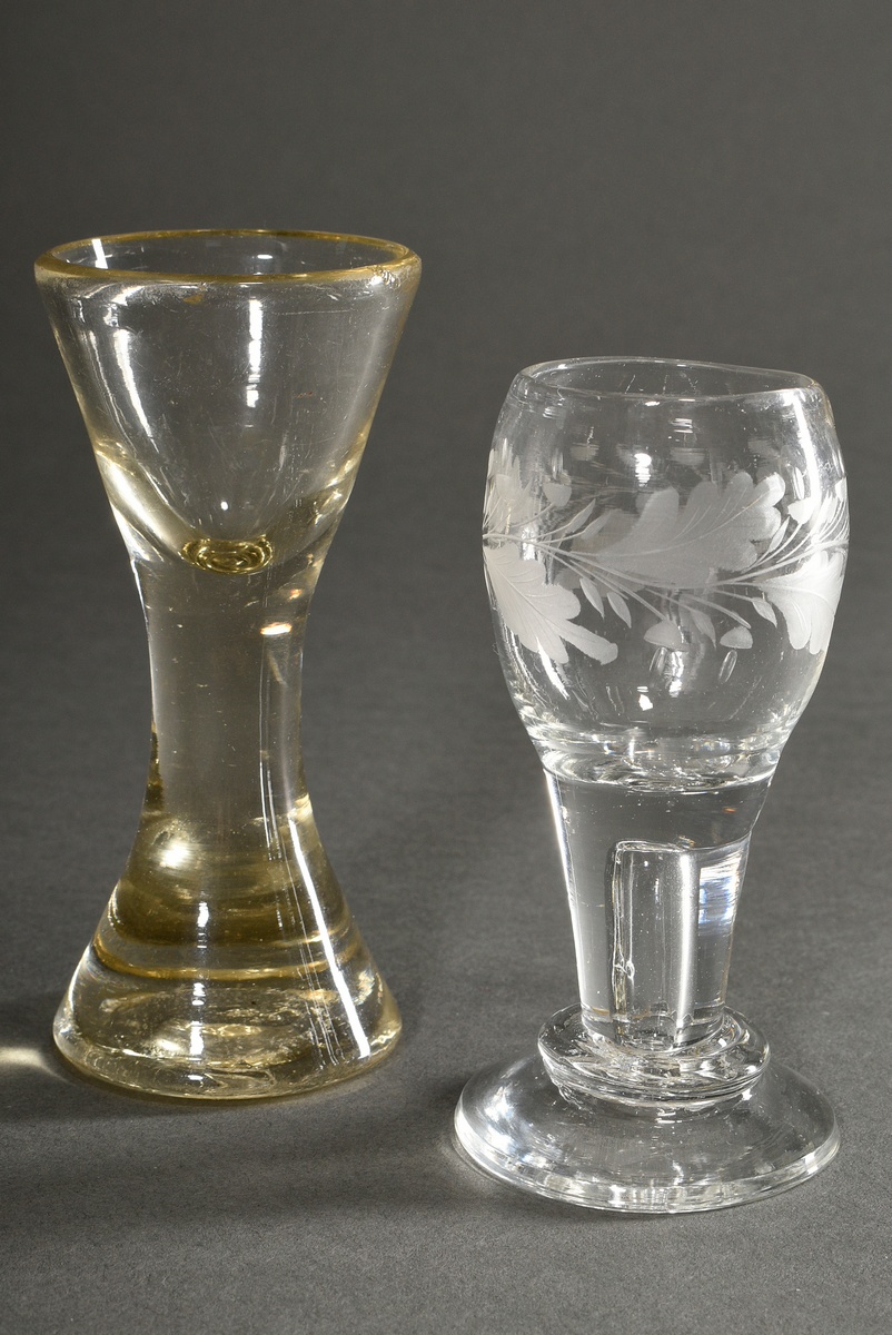 2 various old schnapps tamper in different shapes, 19th century: 1 with cut oak leaf decoration and - Image 2 of 5