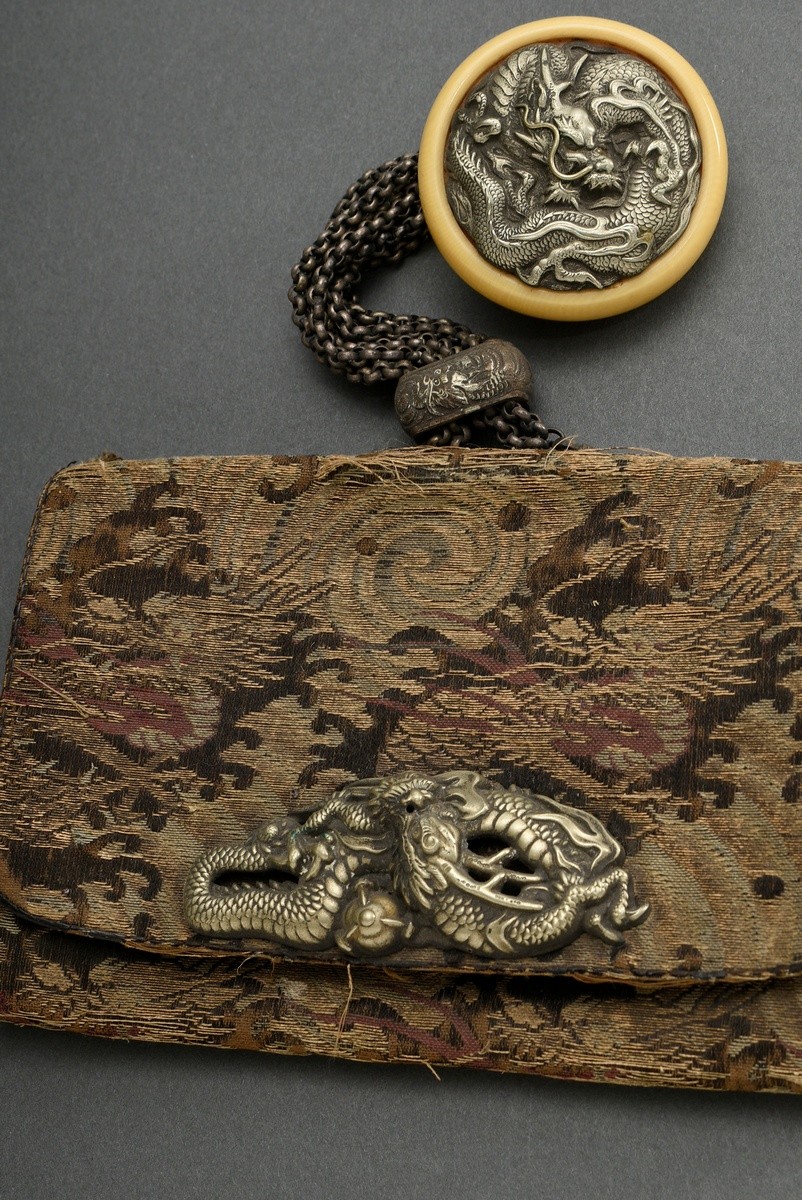 2 Diverse Tabakoire Täschchen mit Metall Ketten und Elfenbein Kagamibuta Netsuke "Drachen", Japan u - Bild 2 aus 17
