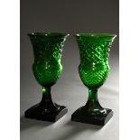 Pair of solid green crystal crater vases on angular feet with stone cut, 19th c., h. 23,5cm, slight