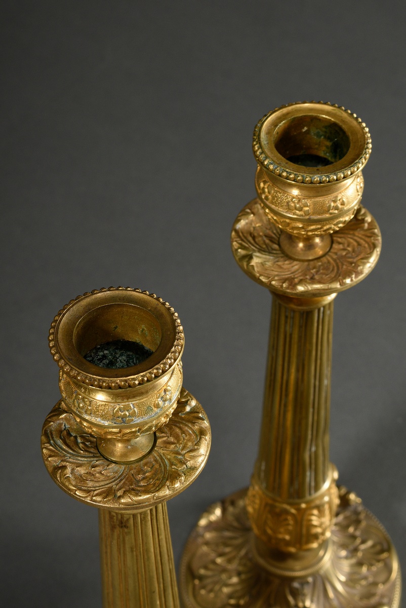 A pair of fine gilt bronze candlesticks with sculpted leaf cuffs and friezes and a brass shaft over - Image 2 of 3