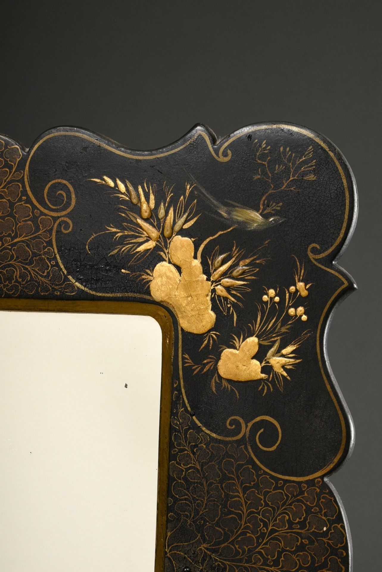 Small Regency mirror in papier-mâché frame with fine gold decoration on black lacquer background an - Image 2 of 4