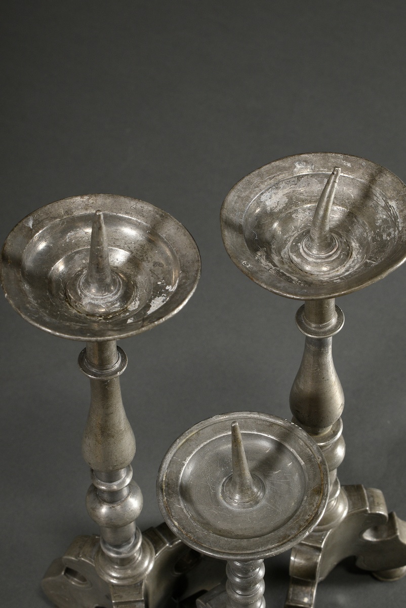 3 various baroque pewter candlesticks with baluster shaft over tripod and spike over protruding dri - Image 4 of 5
