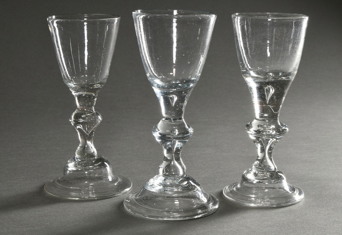 3 Baroque goblets in the Lauenstein style, colourless, slightly greyish glass, bell-shaped base wit