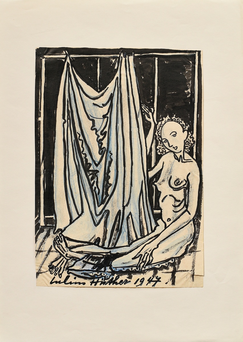 Hüther, Julius (1881-1954) "Akt im Bad" 1947, Tinte/Aquarell/Farbstift, u. sign./dat., auf Papier m - Bild 2 aus 4