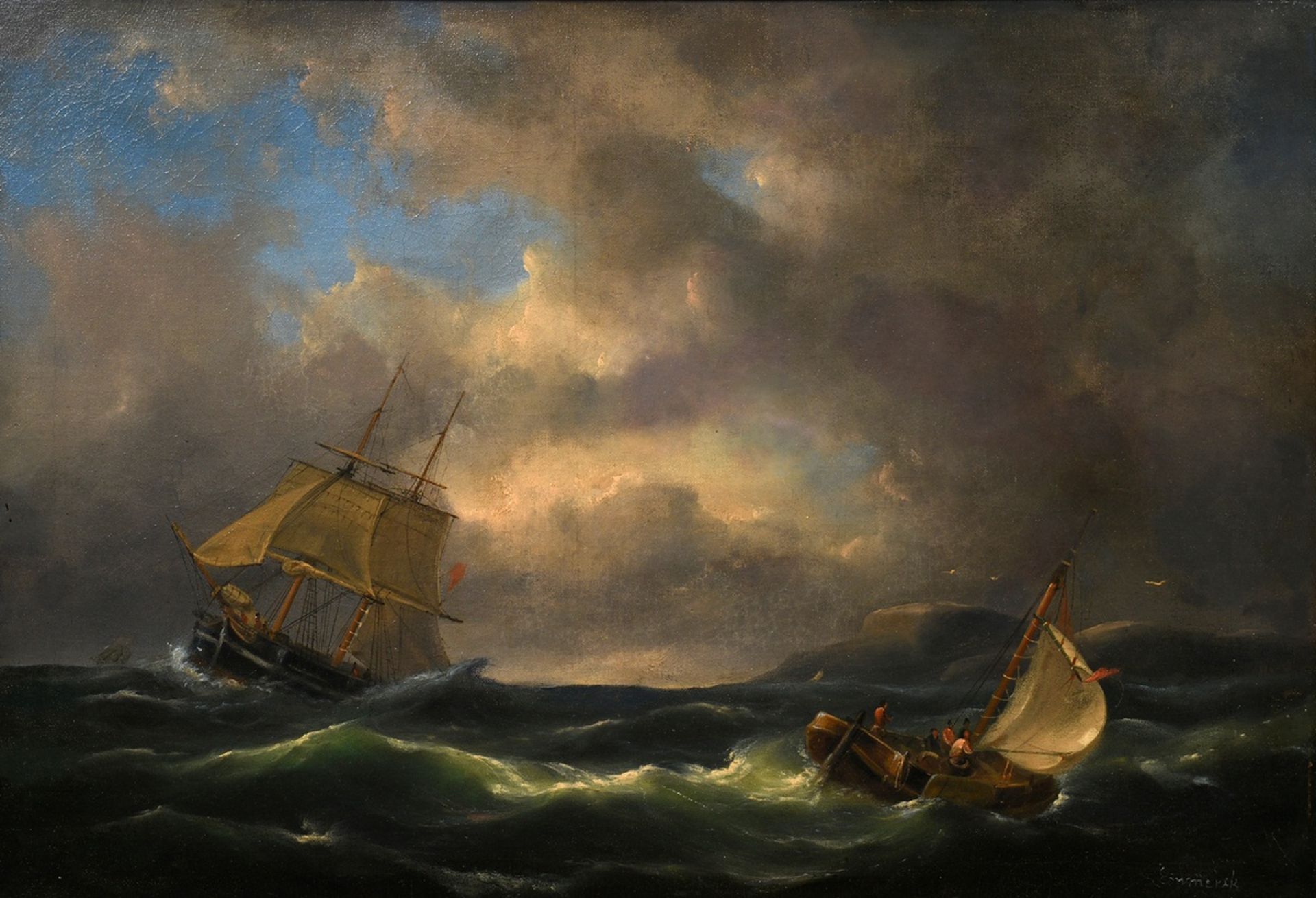 Emmerik, Govert van (1808-1882) „Schiffe in stürmischer See“, Öl/Leinwand wohl doubliert, u.r. sign