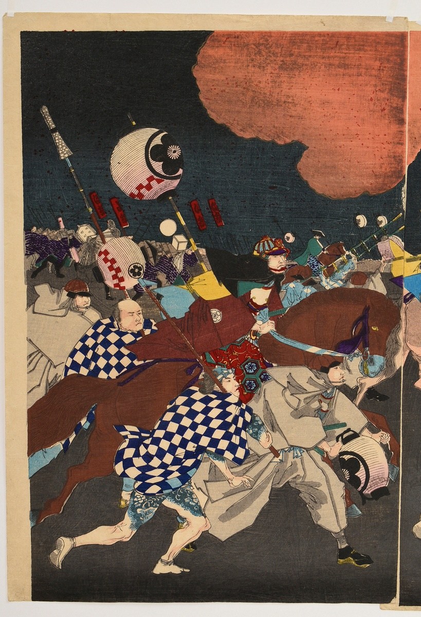 Toyohara (Yôshû) Chikanobu (1838-1912) "Evakuierung von Hofdamen bei Feuer", Farbholzschnitte, Trip - Bild 6 aus 8