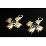 Pair of gold-plated silver 925 cross pendants with blue-violet colored gemstone cabochons, MZ: CHER