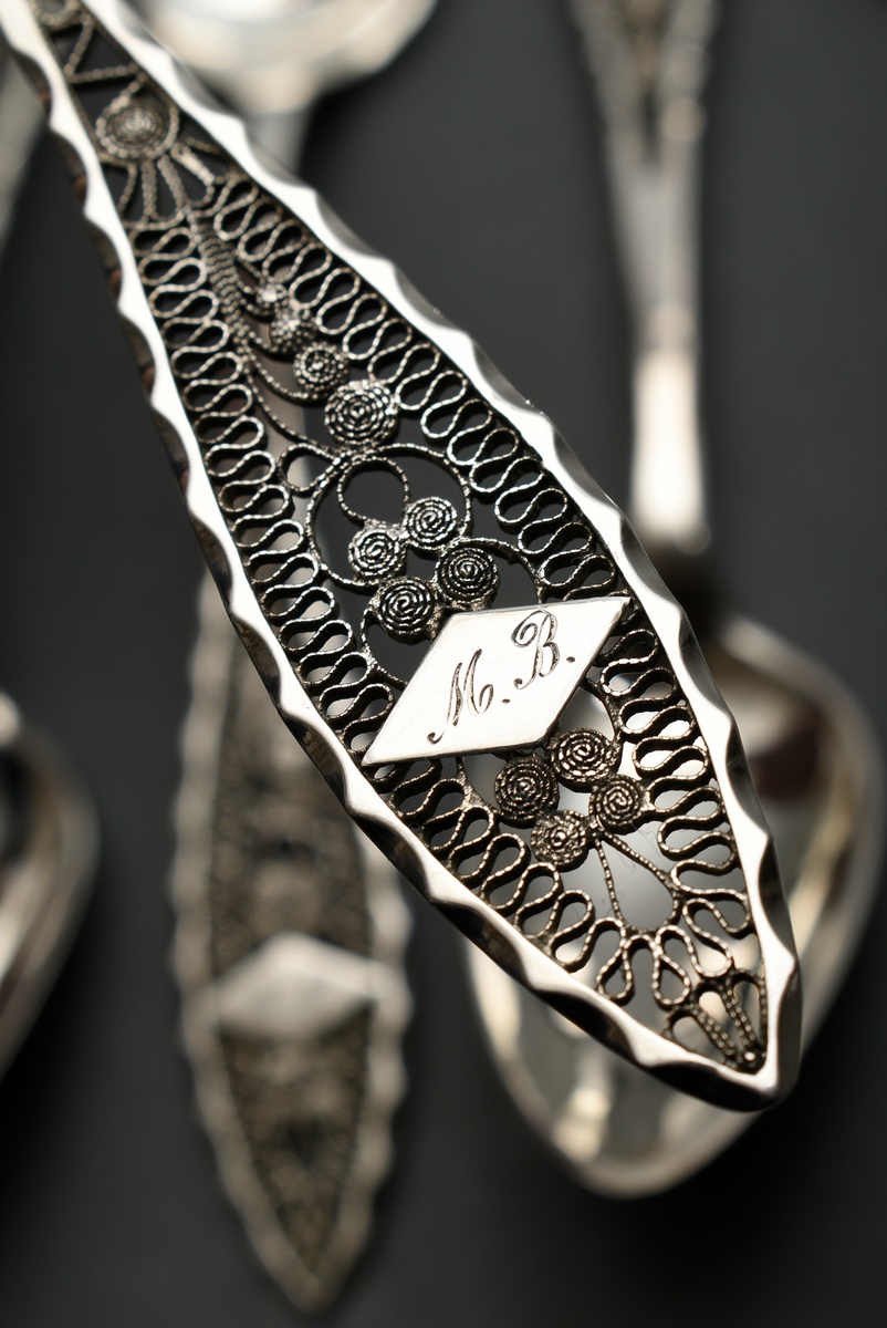 13 pieces filigree cutlery in Empire form with applied diamond cartouche and monogram ‘M.B.’, silve - Image 7 of 9