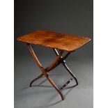 Mahogany patent travelling table with folding top over beautifully curved legs with turned bar conn