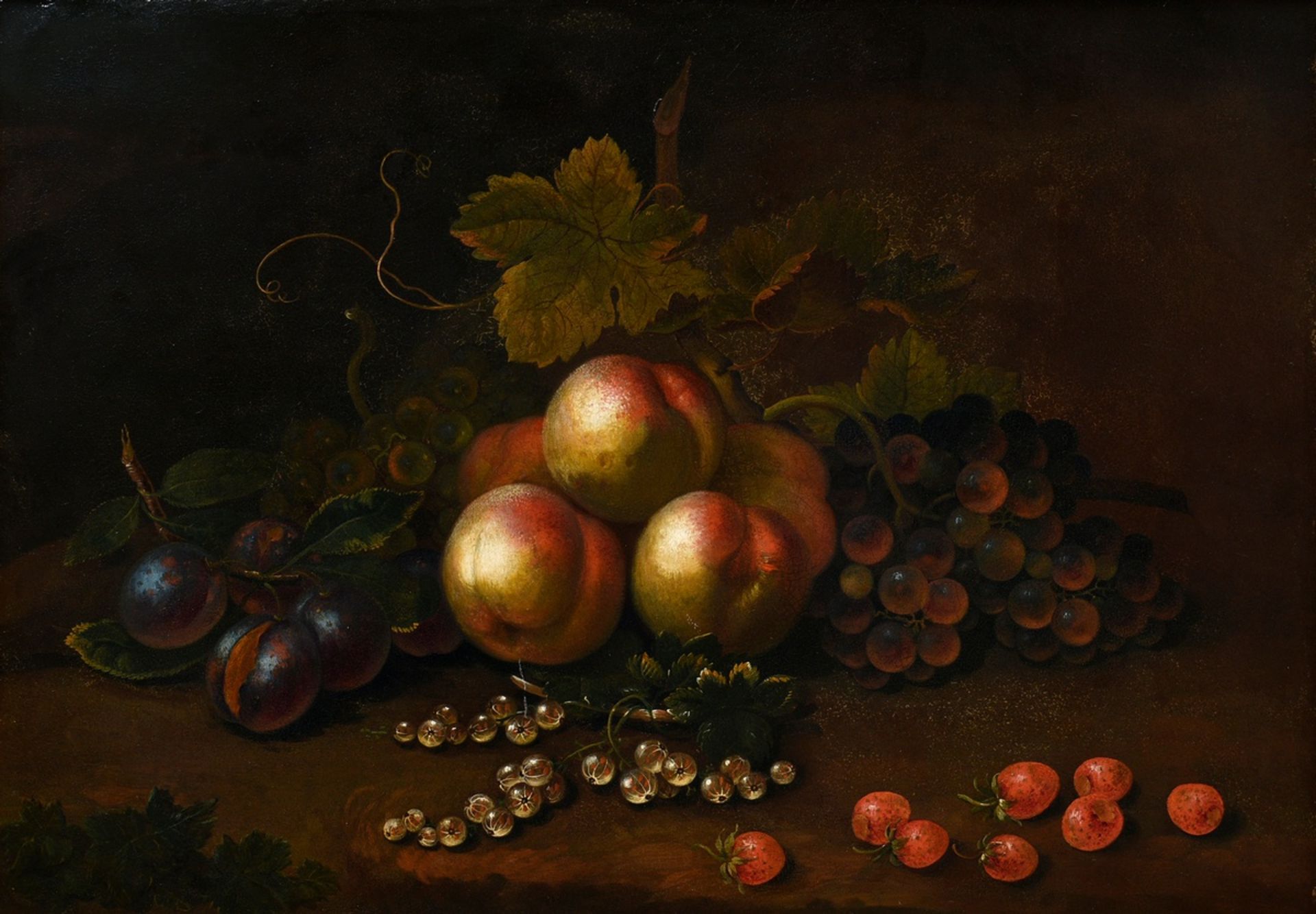 Unbekannter Künstler um 1800 „Obststillleben“, Öl/Metall, 35x50,5cm (m.R. 52,5x67cm), leichtes Craq