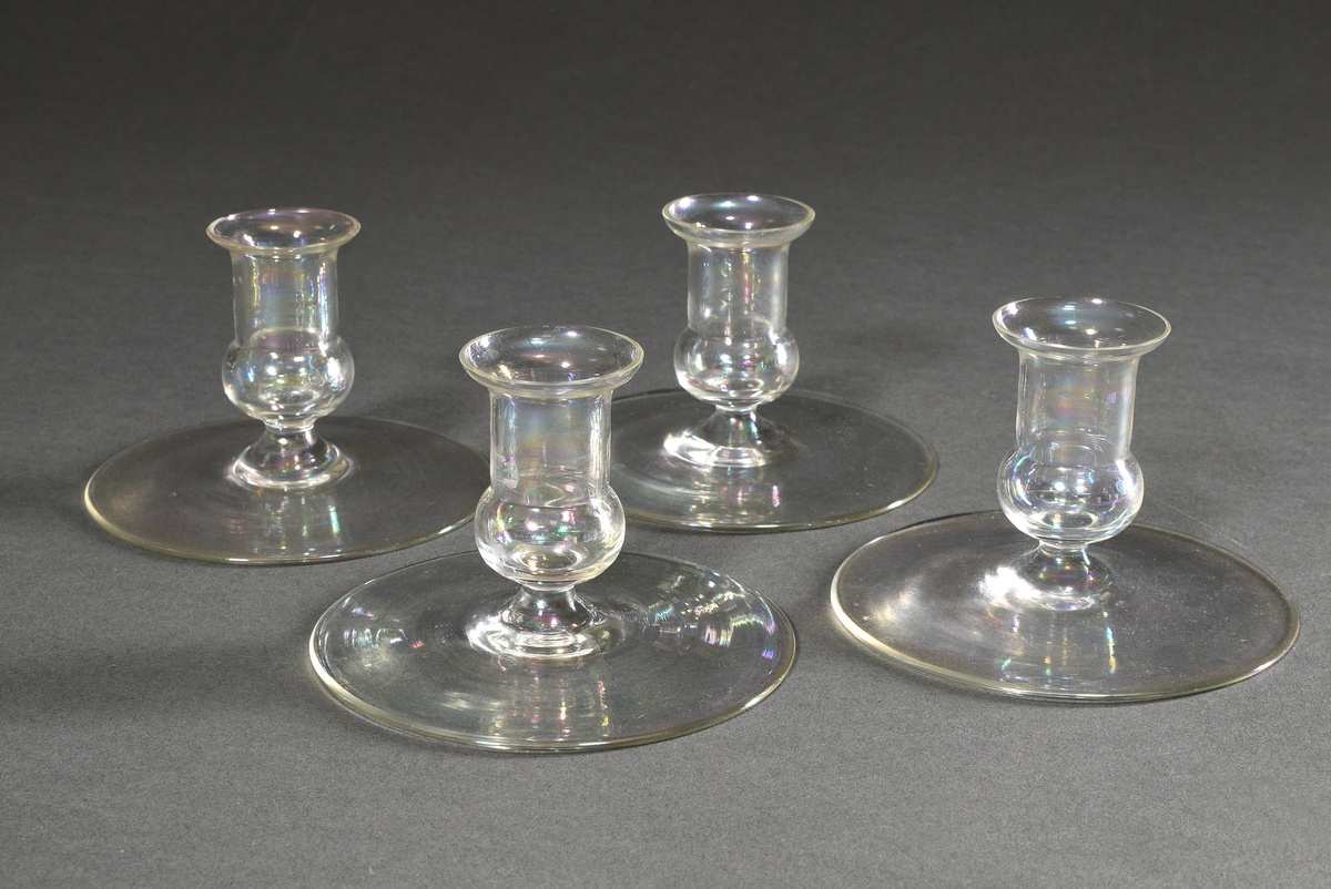 4 Plain glass candlesticks with iridescent coating, probably Jean Beck (1862-1938), Munich c. 1920,