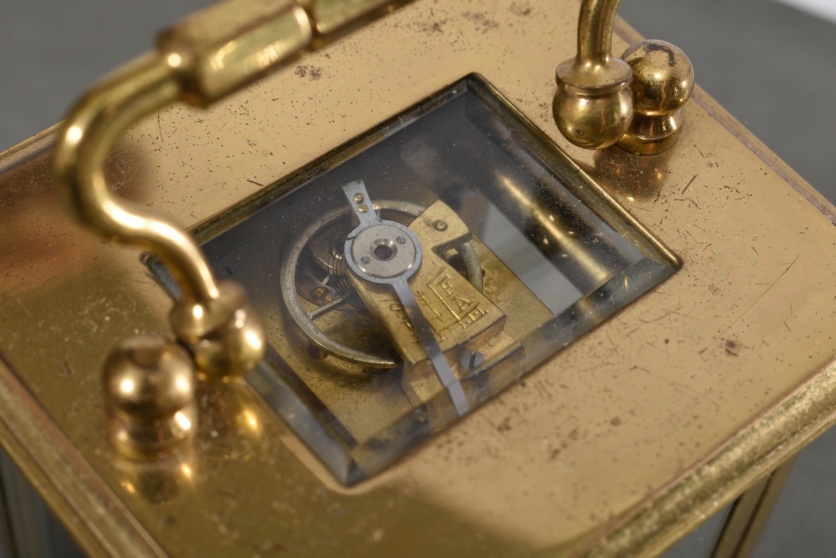 French miniature travel alarm clock in all-round glassed brass case, enamelled dial with Arabic num - Image 4 of 11