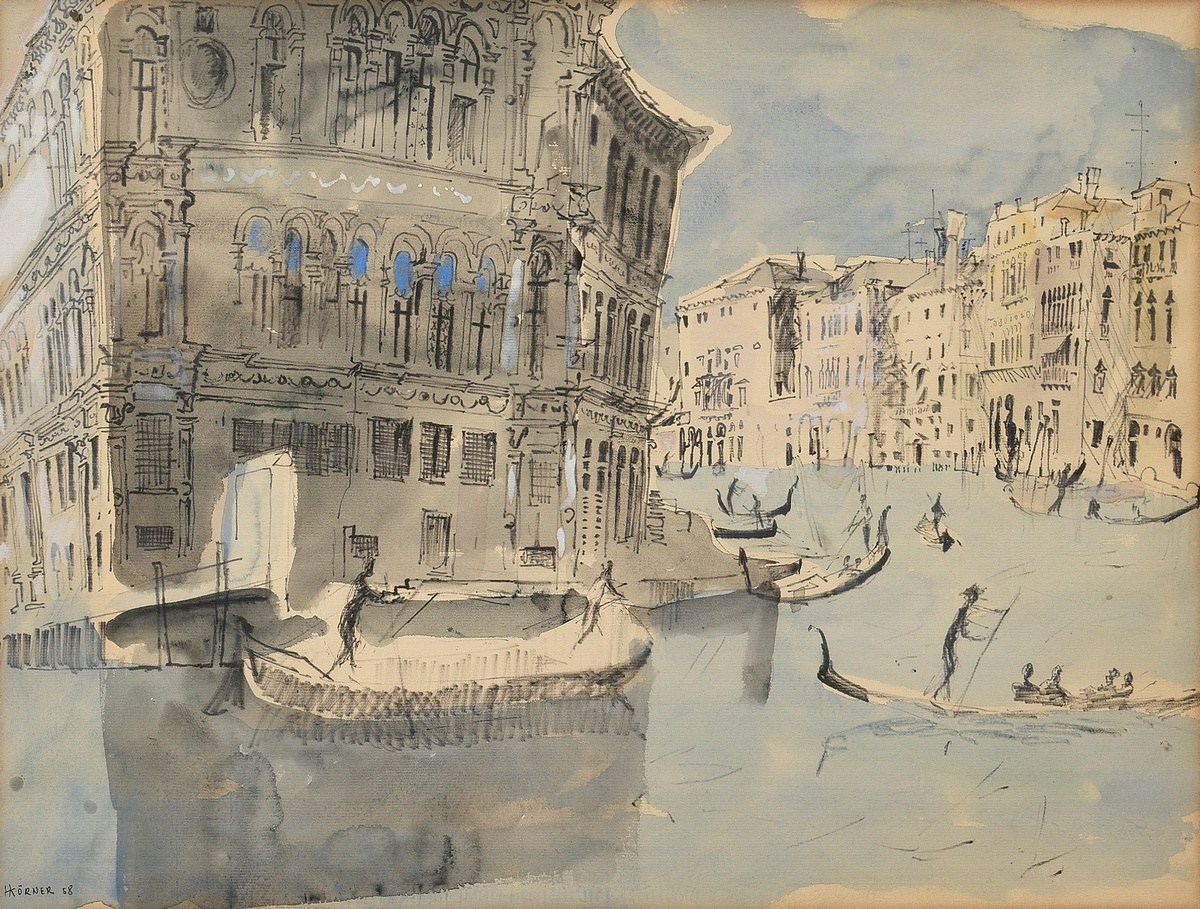 Körner, H. (?) ‘Venedig - Canal Grande’ 1958, watercolour/felt-tip pen, sign./dat. lower left, 50.5