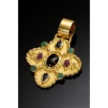 Modern yellow gold 800 pendant in Byzantine style with tourmaline, sapphires, emeralds and rubies,