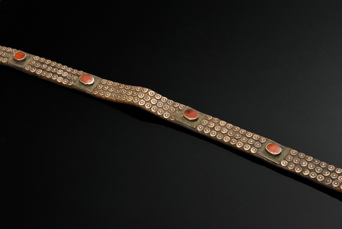 Tekke Turkmen horse necklace, leather band with circular silver rivets and rectangular carnelian-se - Image 6 of 6