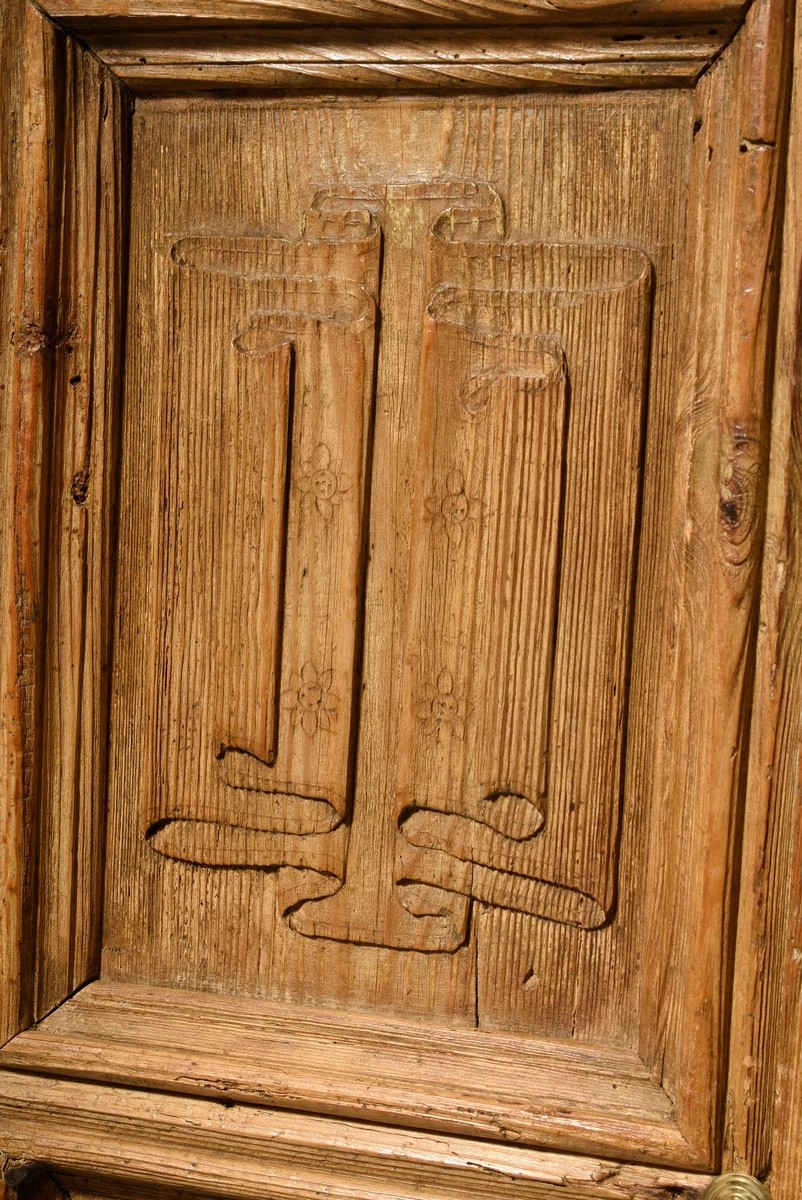 2 oak doors with folded panels, relief carvings in Gothic style in the infills, softwood, brass dro - Image 3 of 9