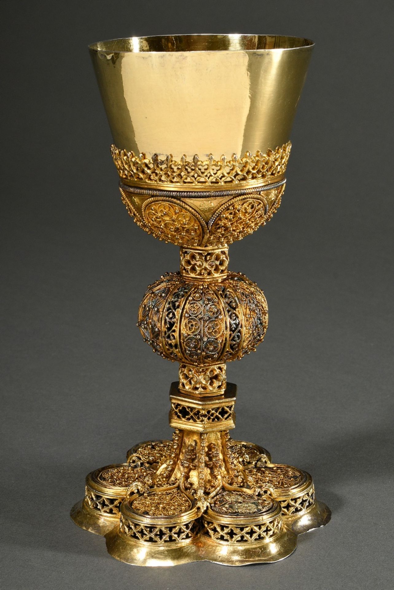 A communion chalice on a six-passed foot with 5 different filigree tondi and micromosaic cartouche 