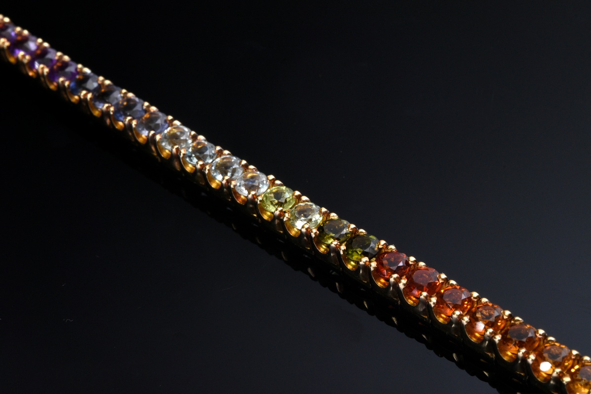 Modern yellow gold 800 rainbow rivière or tennis bracelet with amethysts, topazes, tourmalines, per - Image 4 of 4