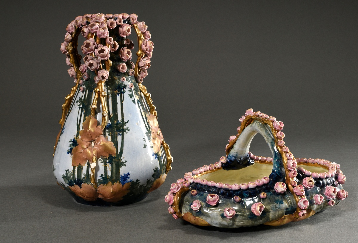 2 Various pieces of Art Nouveau ceramics with sculptural flowers and powdered gold decoration, Amph