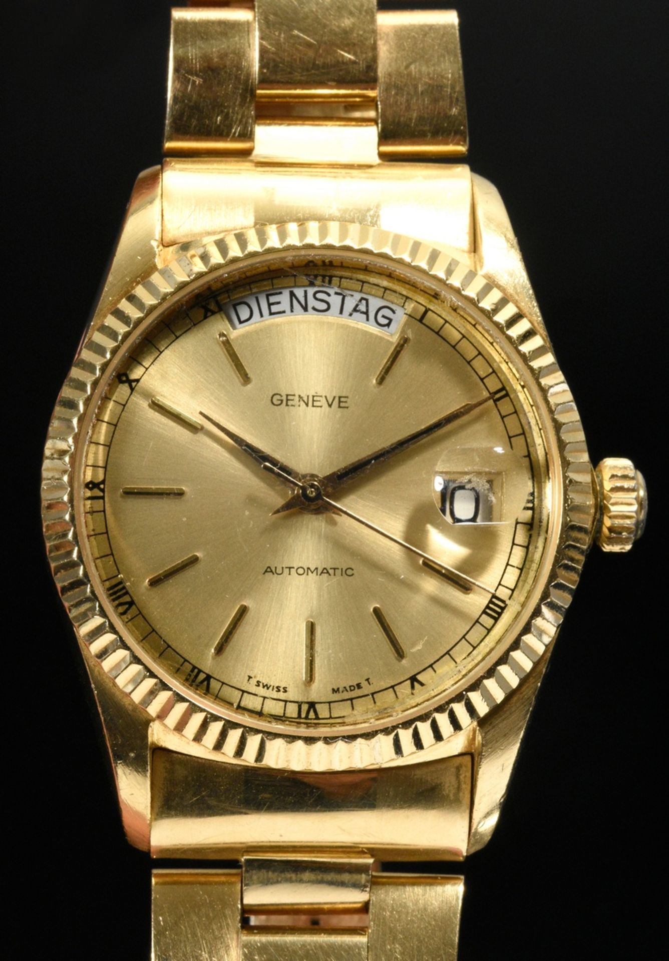Yellow gold 750 Geneve wristwatch, automatic, line indices and Roman numerals, large second, day of - Image 6 of 6