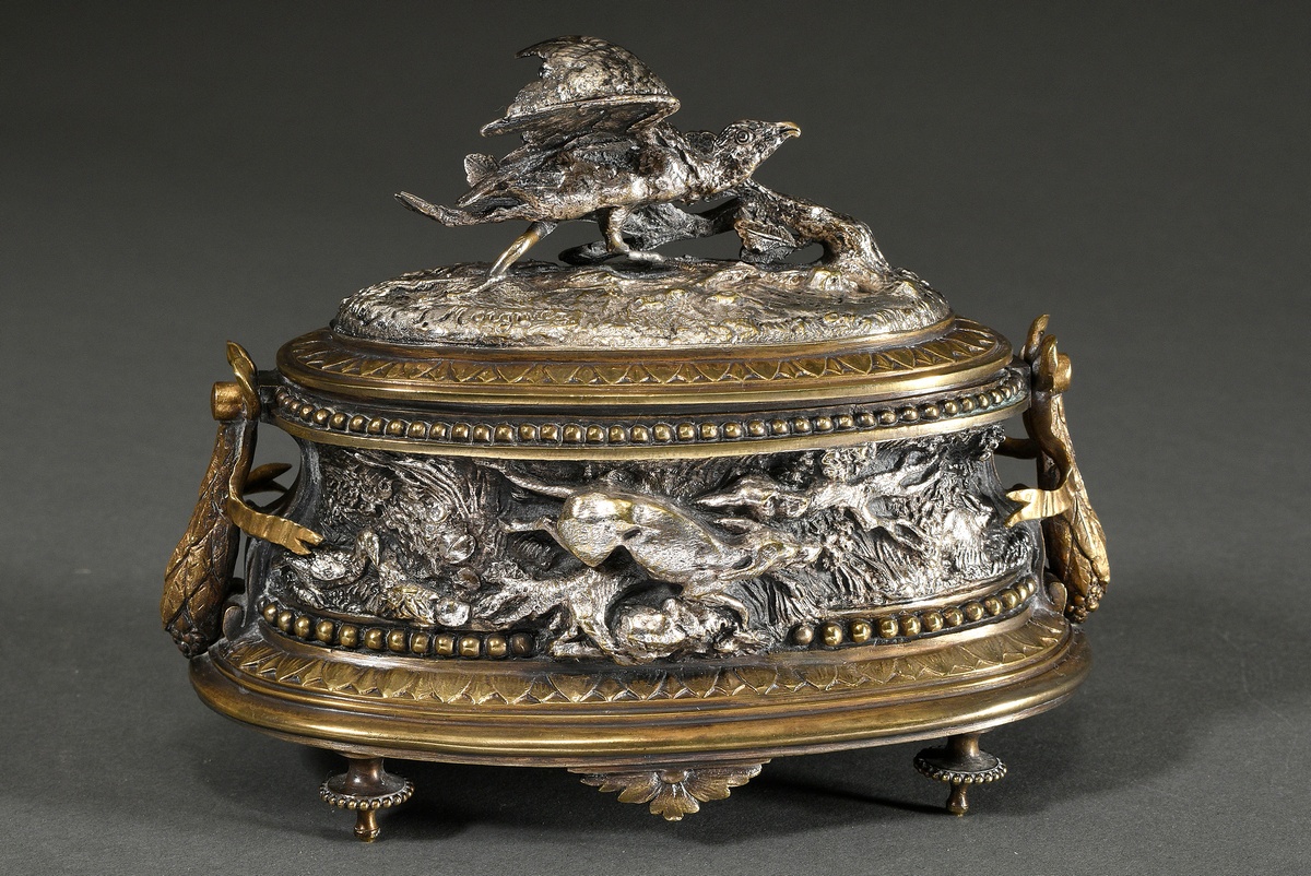 Moigniez, Jules (1835-1894) brass lidded casket with a half-sculptural hunting game on the wall and