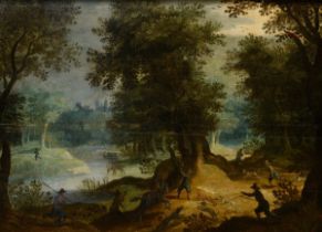Unbekannter Künstler des 17./18.Jh. "Ideale Landschaft mit Jagdszene", Öl/Holz, mit Beleuchtung, 47