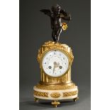 Small fire-gilt column pendulum in Louis XVI style with sculptural top "Cupid" in bronze on a marbl