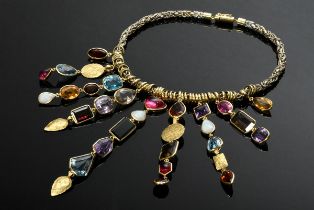 Extravagantes Multicolor Collier mit Topasen, Citrinen, Rauchquarzen, Turmalinen, Amethysten, Grana