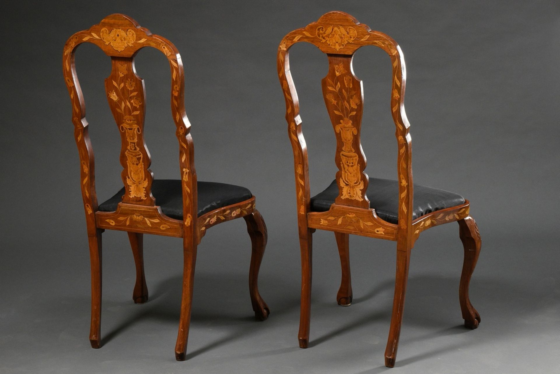 Pair of baroque chairs with elaborately inlaid frames "flower basket and vase with bird" on curved  - Image 8 of 11