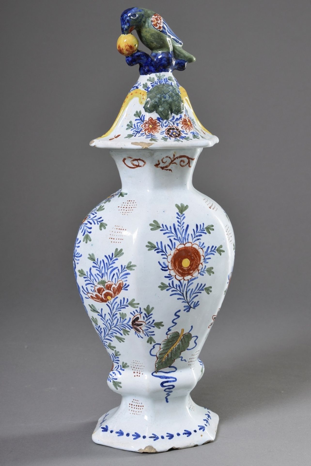 Antique Delft lid vase with polychrome painting and plastic. parrot on the lid, De Paeuw, C.J. Mess - Image 10 of 13