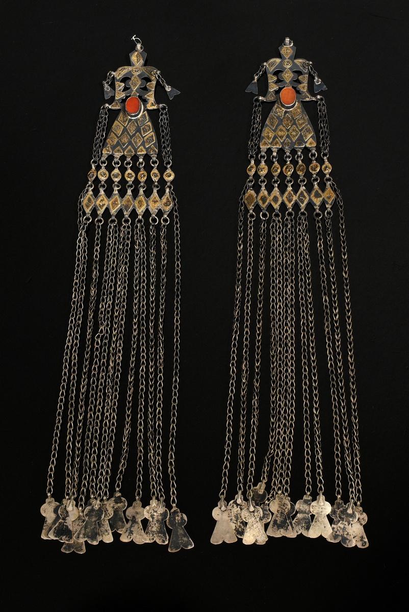 Large pair of Yomud Turkmen temple pendants "Tenetshir", silver plates cut in Adamlik motif with ov