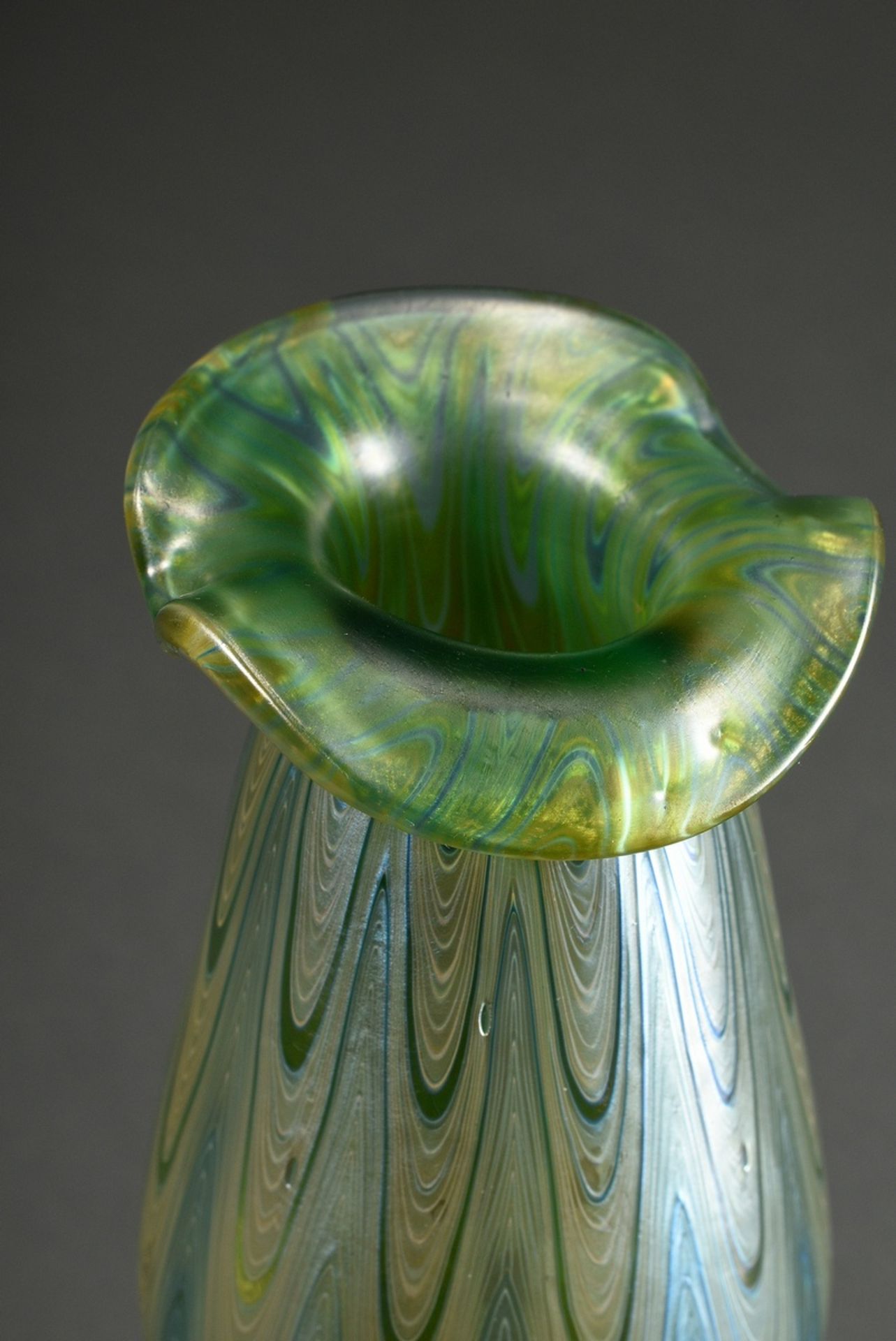 Loetz Wwe. double baluster vase with triple moulded body and irregular folded lip, green lustral wa - Image 3 of 4