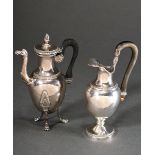 2 Small French jugs with classical ornamental and foliate frieze and wood and horn handles, 1x with