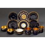 6 Various moch cups/saucers with different ornamental and floral gold decorations as well as turquo