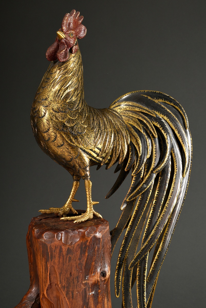 Jizai Okimono " Cock " in naturalistic form on burlwood base, belly marked Hidenao, Meiji period, J