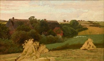 Ruths, Valentin (1825-1905) "Heuhocken (Landschaft bei Tesperhude)", oil/canvas mounted on wood, ve