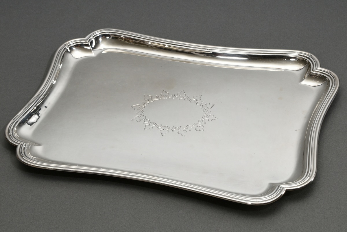 Rectangular tray with quadruple indented rim and gothic engraved cartouche, 2nd half 19th century, 
