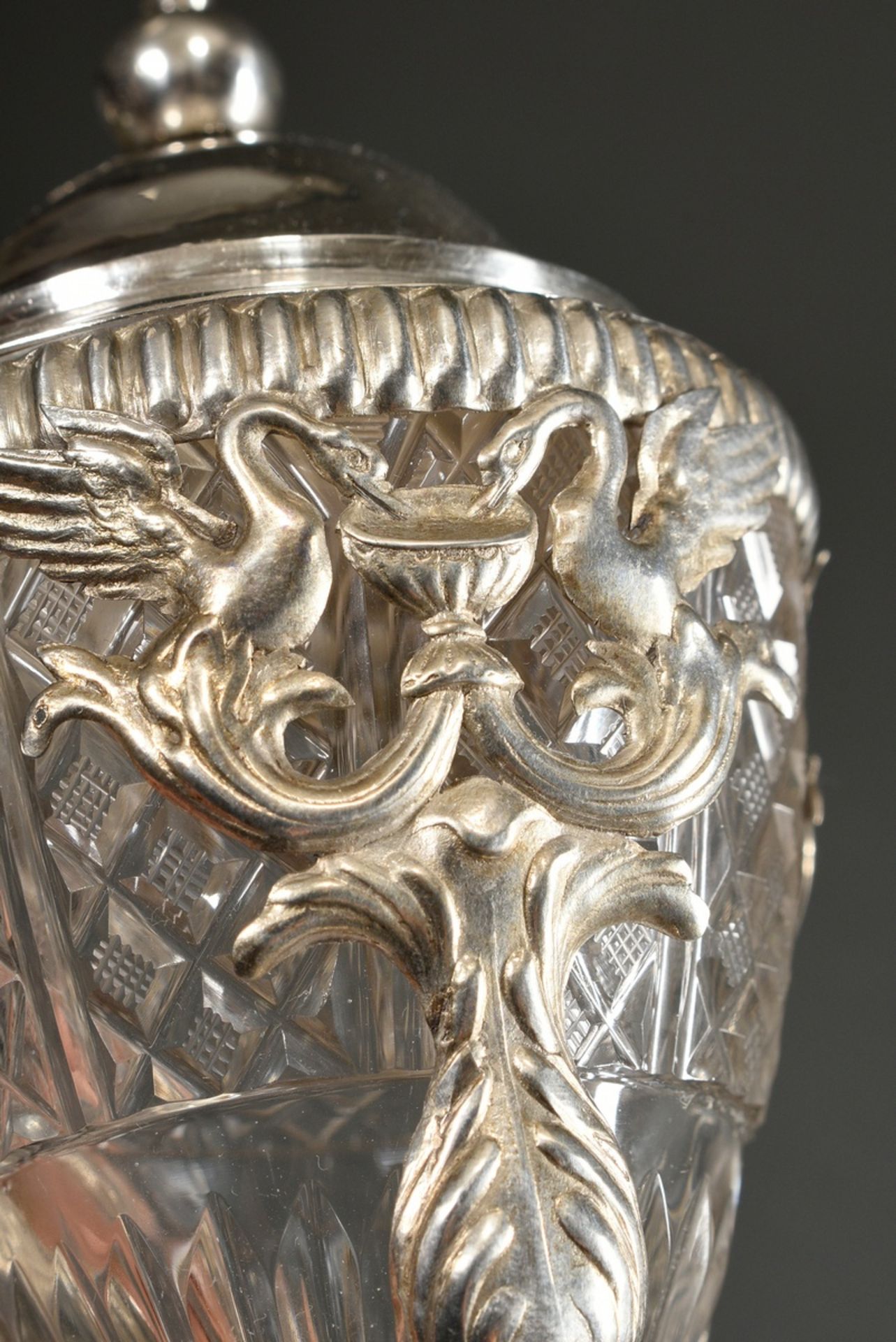 An Empire mustard pot with crystal inset, over 3 feet with swan reliefs, domed hinged lid with ball - Image 3 of 7