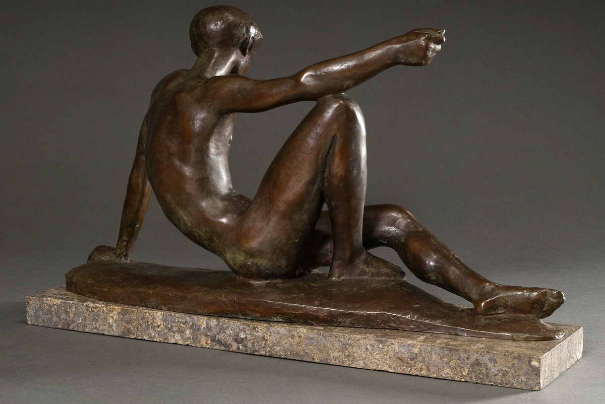 Scheibe, Richard (1879-1964) "Reclining Narcissus" 1952, patinated bronze, on marble base (slightly - Image 3 of 9