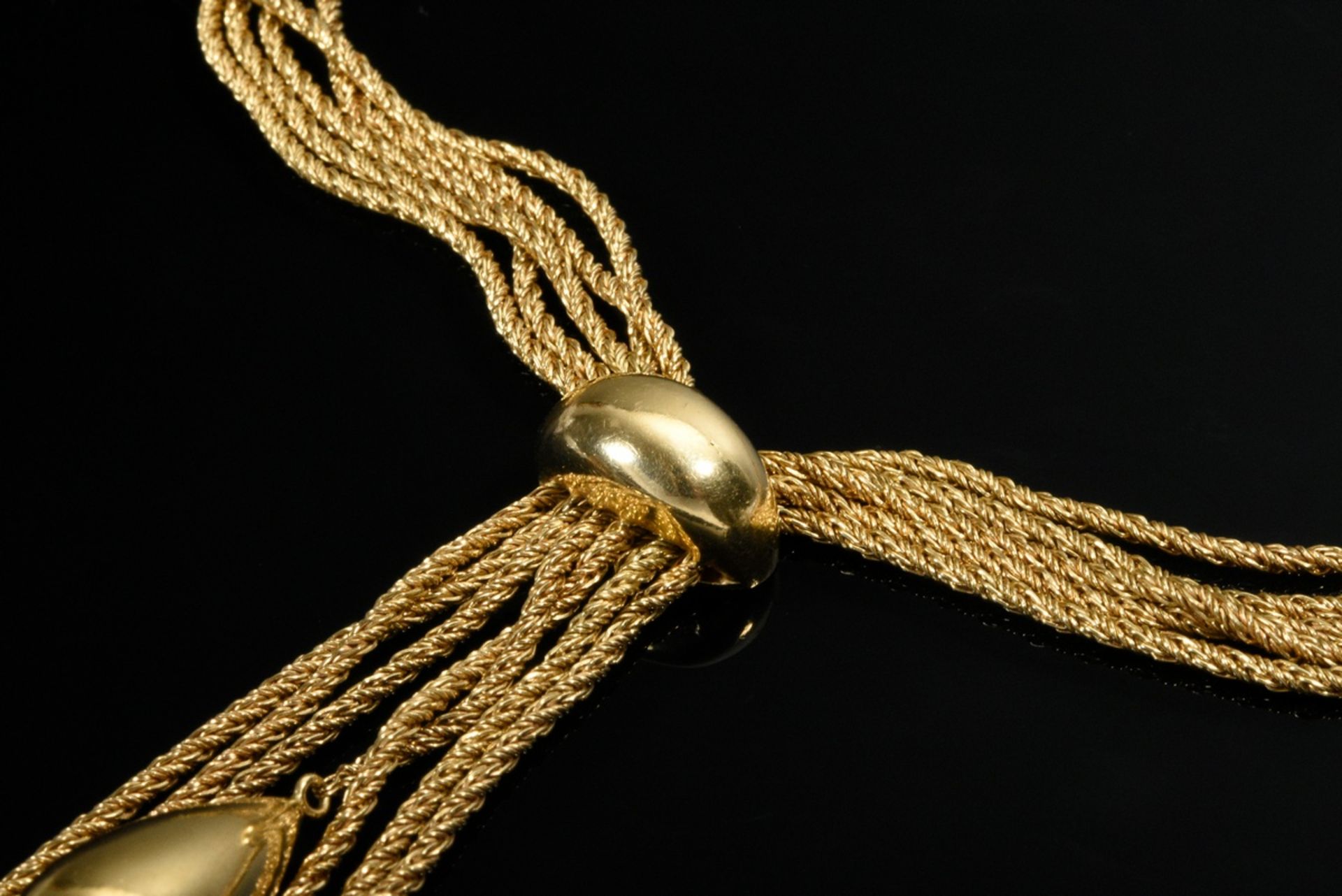 Midcentury yellow gold 750 necklace with 7 drop pendants on chains of different lengths on a 5-stra - Image 4 of 5