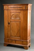 Small one-door Bremen sun cabinet with straight body and drawer in the base, cornice with applied s