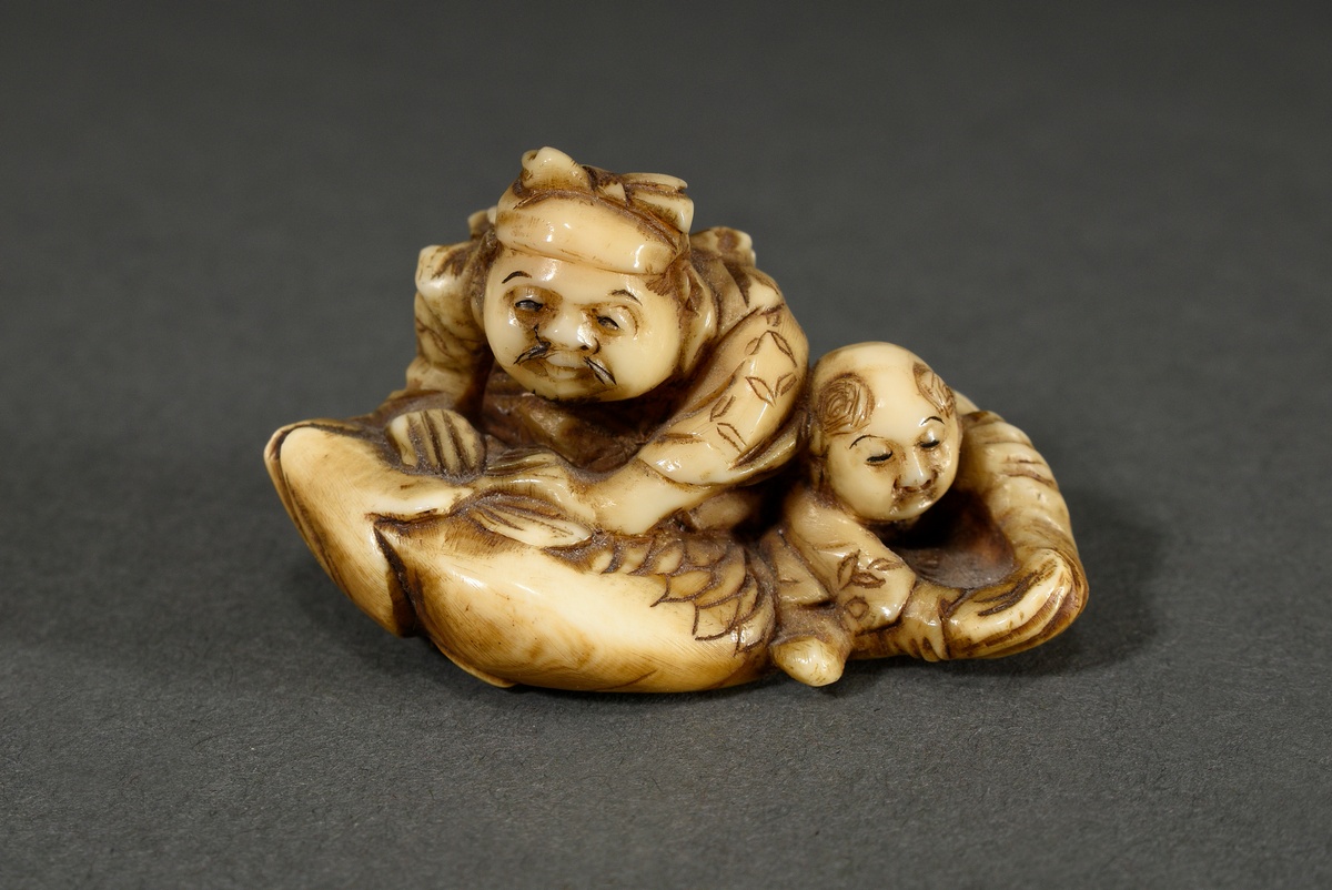 Fine ivory netsuke "Ebisu and boy on large bream", sign. Masafumi 正文, Japan, Meiji period, approx.