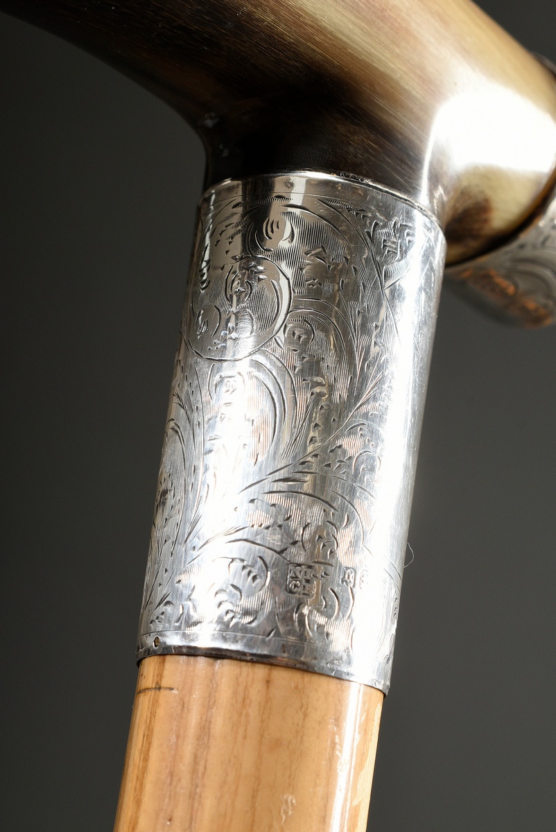 Walking stick with horn fritz crutch and florally chiselled mountings in silver 925, Feldman & Bros - Image 4 of 7